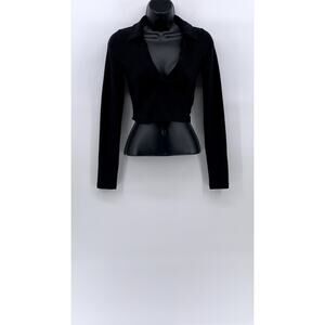 DIVIDED By H&M Women's Black Ribbed Split-Neck Long Sleeve Cropped Polo Top SZXS